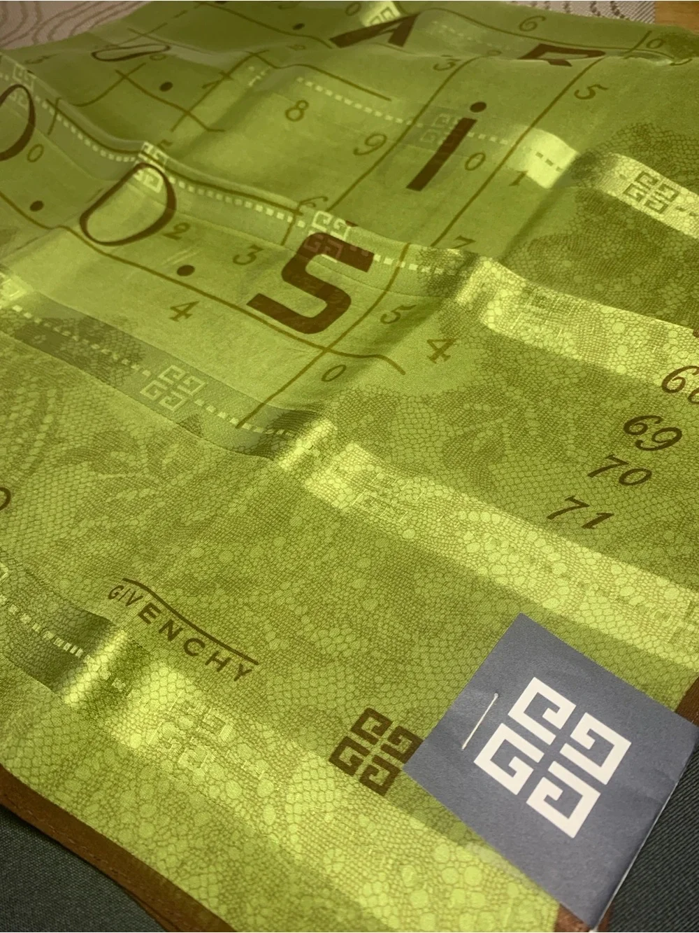 Givenchy Lime Green and Brown Logo Silk Scarf
